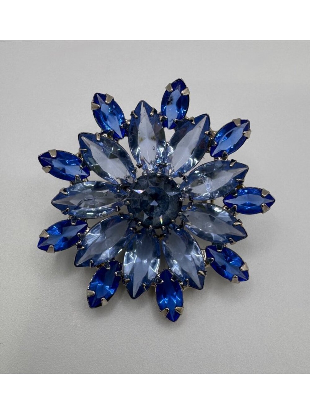 Vintage Blue Rhinestone Brooch Open Back Silver Tone Floral Star 1.75” Unsigned